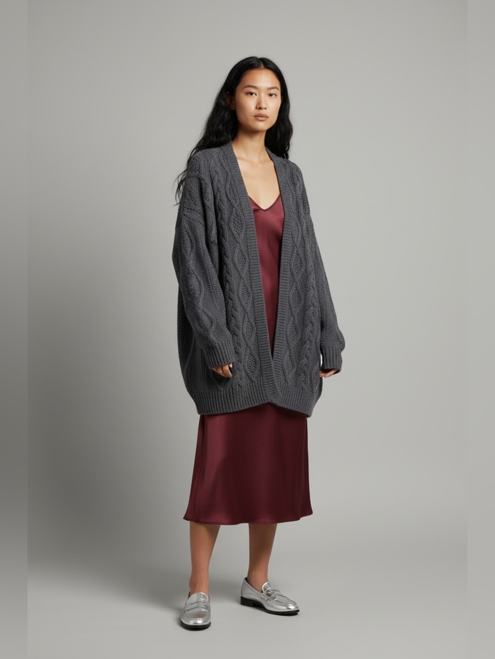 Max Mara Wknd Wool Grey chunky cable knit oversized fisherman Cardigan sweater M